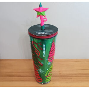 New Starbucks Holiday 2023 Star Straw Topper Tumbler Ribbon Trees 24oz